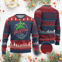 Festive knitted crewneck sweatshirt with neon palm and tree pattern, burgundy and navy