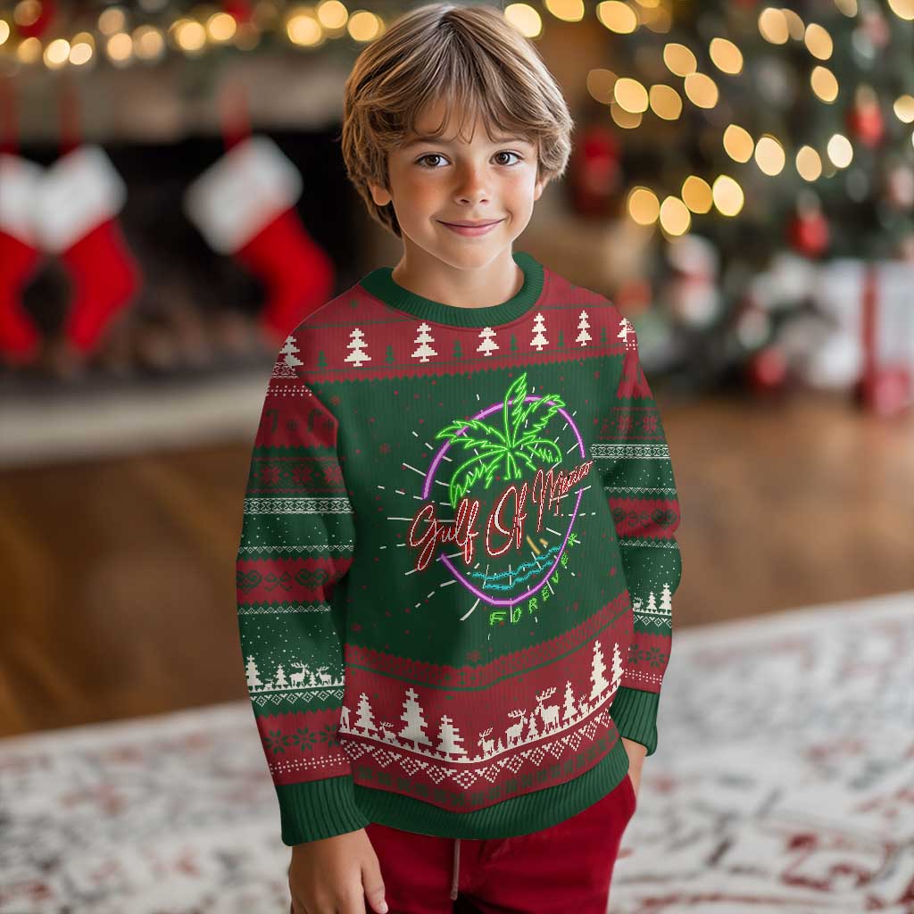 Festive knitted crewneck sweatshirt with neon palm and tree pattern, green and red