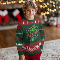 Festive knitted crewneck sweatshirt with neon palm and tree pattern, green and red