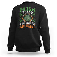 Irish pride sweatshirt in black with shamrock graphic and 'IRISH BLOOD RUNS THROUGH MY VEINS'