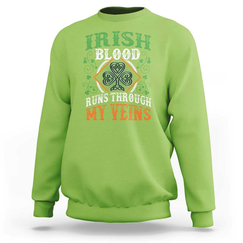 Irish pride sweatshirt in lime with shamrock graphic and 'IRISH BLOOD RUNS THROUGH MY VEINS'