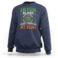 Irish pride sweatshirt in navy with shamrock graphic and 'IRISH BLOOD RUNS THROUGH MY VEINS'