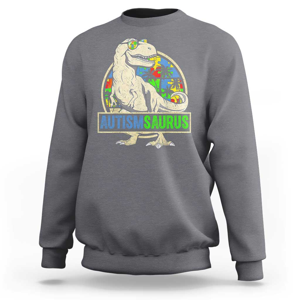 Funny Autism Awareness Dinosaur Sweatshirt Autismsaurus Puzzle Pieces