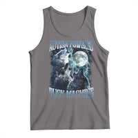 Gray tank top with wolf and moon front graphic, printed slogan