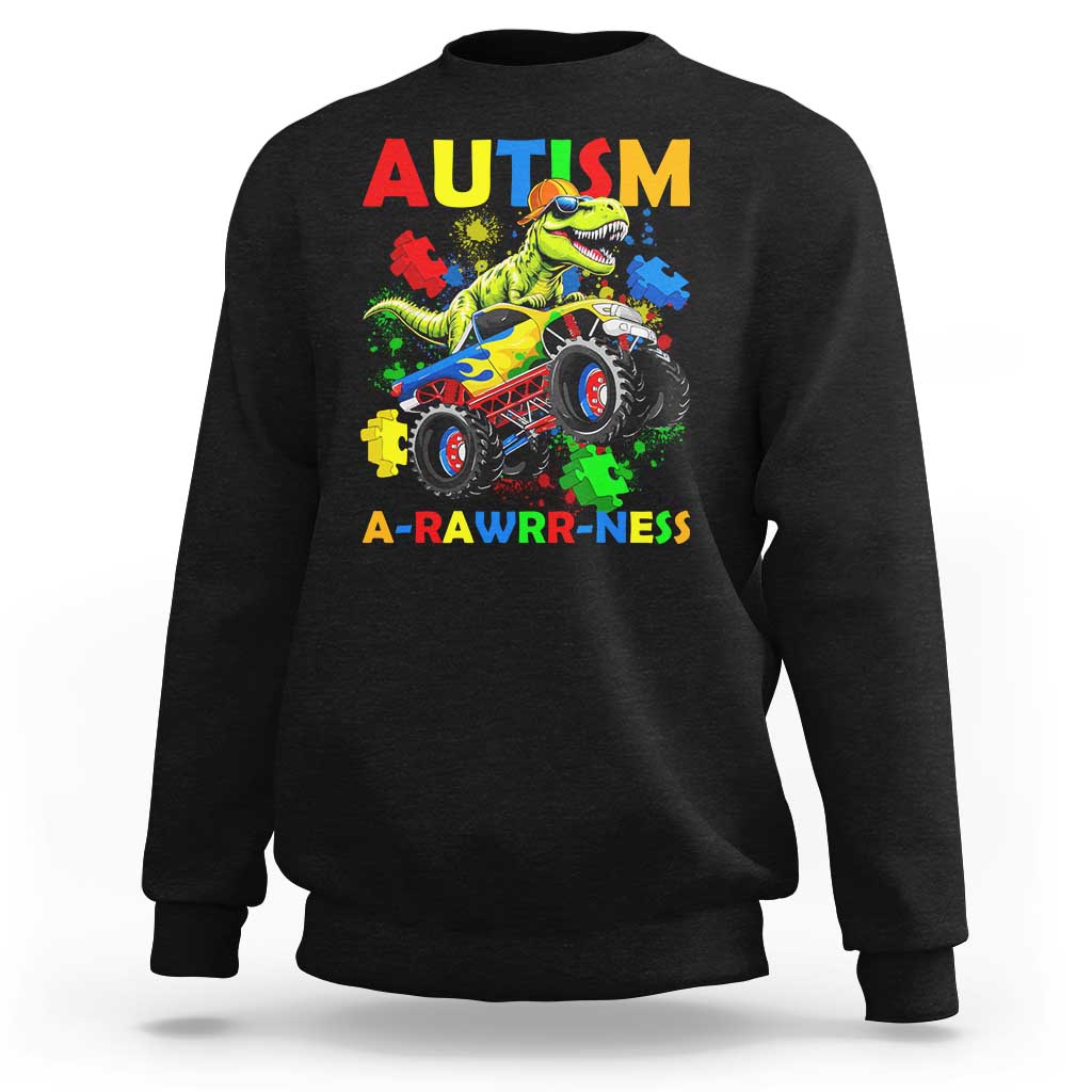 Funny Autism Awareness Dinosaur Sweatshirt Autism Arawrrness Monster Truck Puzzle Pieces