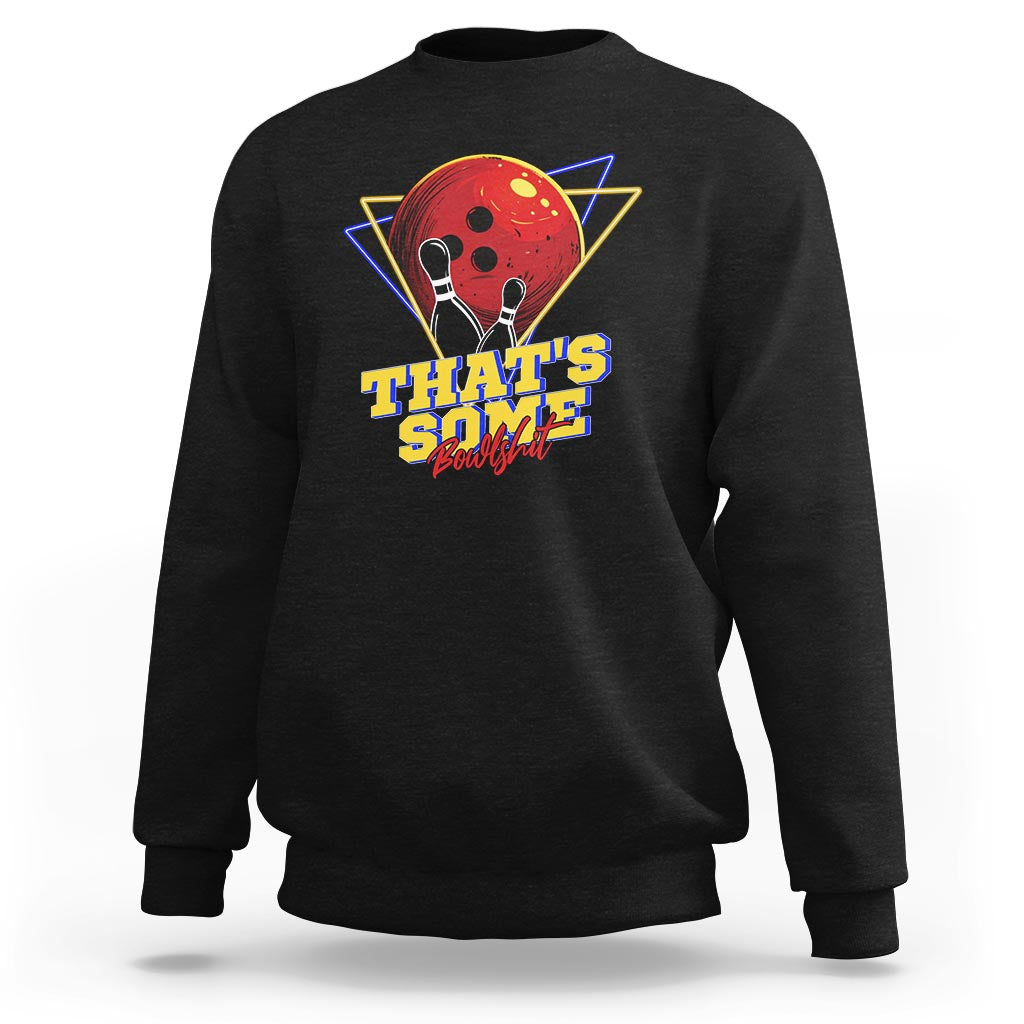 Black crewneck sweatshirt with front bowling pin graphic and neon text