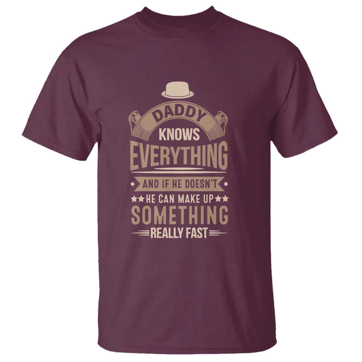 Men's graphic T-shirt, maroon with 'Daddy Knows Everything' front text print