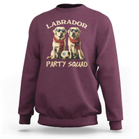 Maroon dog sweatshirt with two Labrador pups graphic and 'PARTY SQUAD' front text