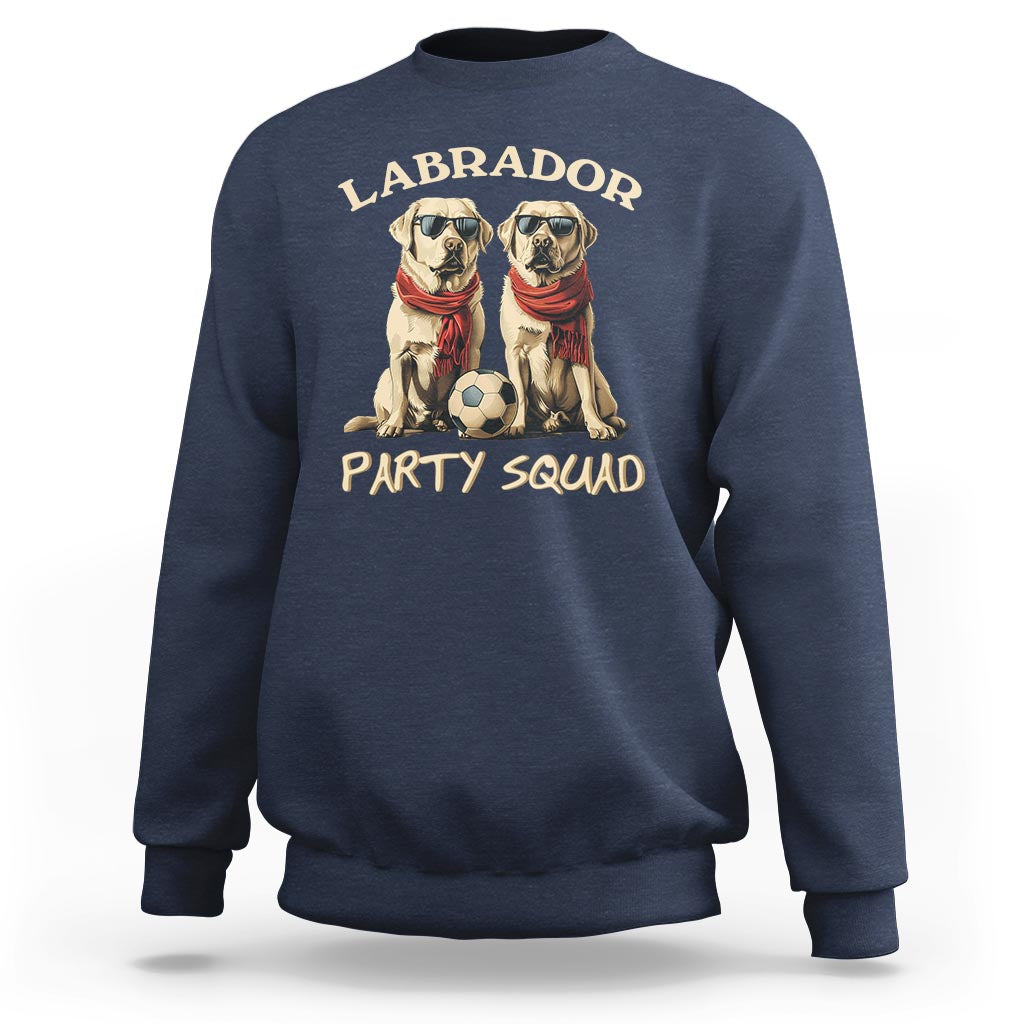 Navy dog sweatshirt with two Labrador pups graphic and 'PARTY SQUAD' front text