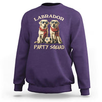 Purple dog sweatshirt with two Labrador pups graphic and 'PARTY SQUAD' front text