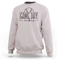 Light gray crewneck baseball sweatshirt with “Game Day vibes” baseball graphic