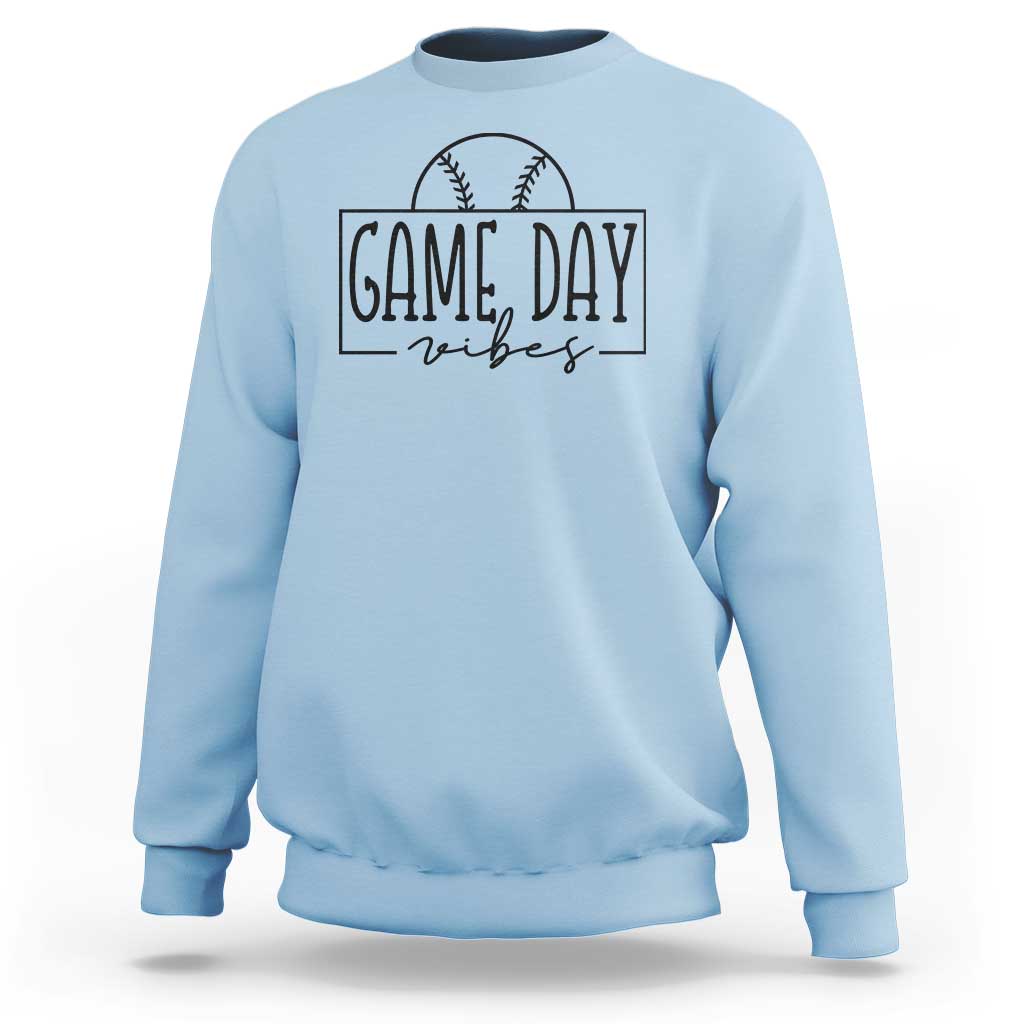 Light blue crewneck baseball sweatshirt with “Game Day vibes” baseball graphic