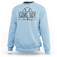 Light blue crewneck baseball sweatshirt with “Game Day vibes” baseball graphic