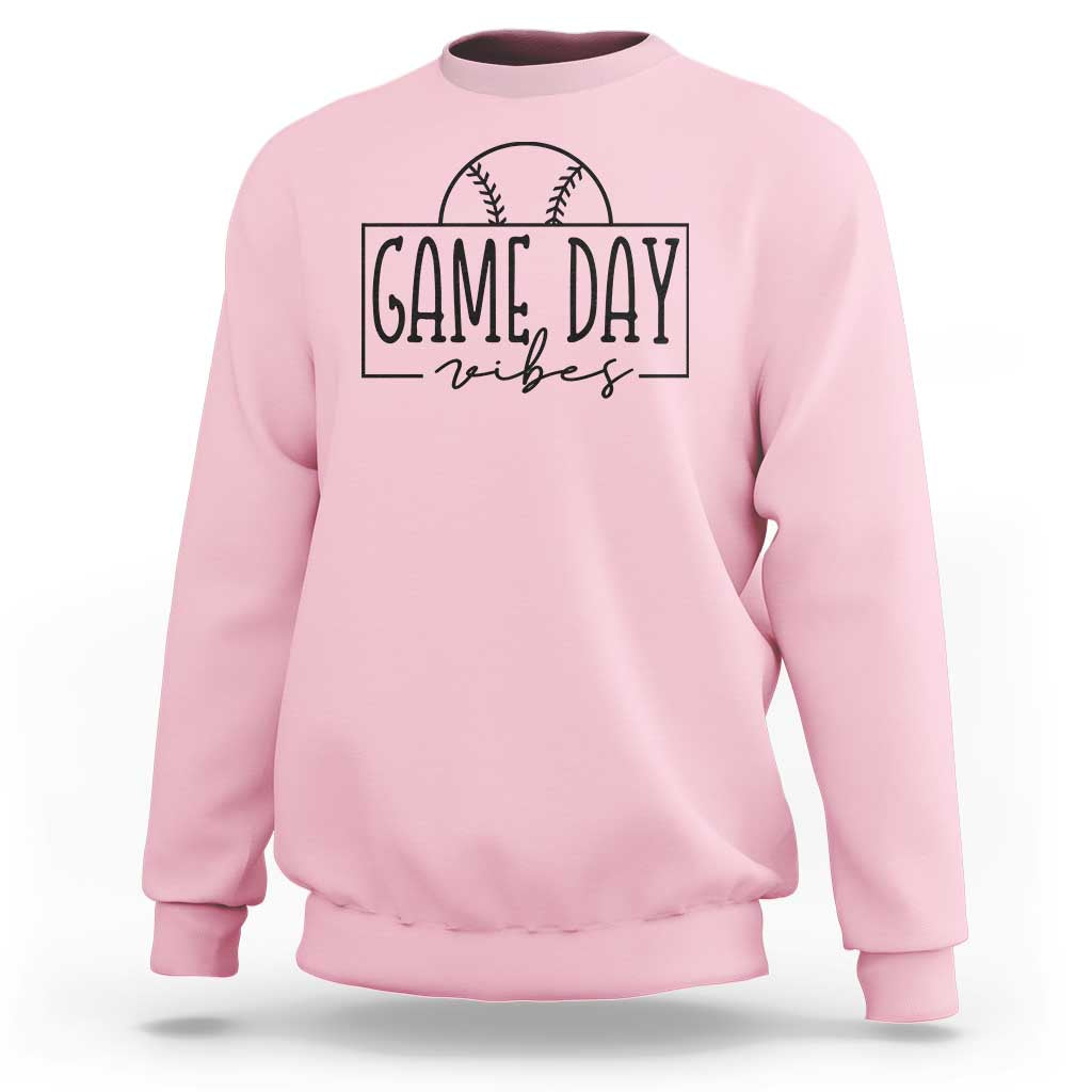 Light pink crewneck baseball sweatshirt with “Game Day vibes” baseball graphic