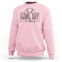Light pink crewneck baseball sweatshirt with “Game Day vibes” baseball graphic