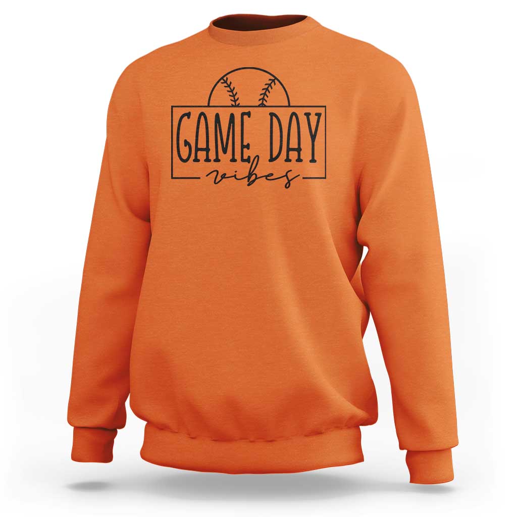 Orange crewneck baseball sweatshirt with “Game Day vibes” baseball graphic