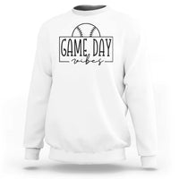 White crewneck baseball sweatshirt with “Game Day vibes” baseball graphic