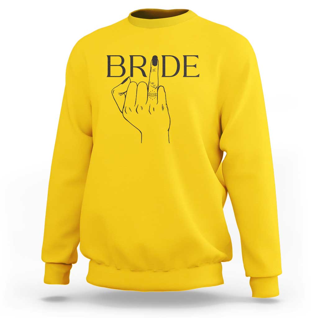 Daisy yellow bride sweatshirt with “BRIDE” print and hand ring graphic on chest