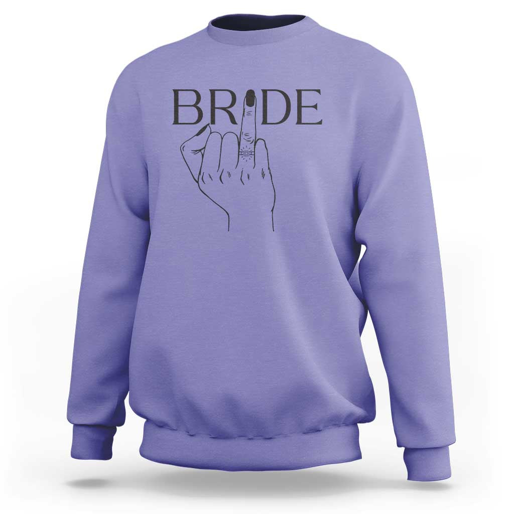 Violet purple bride sweatshirt with “BRIDE” print and hand ring graphic on chest
