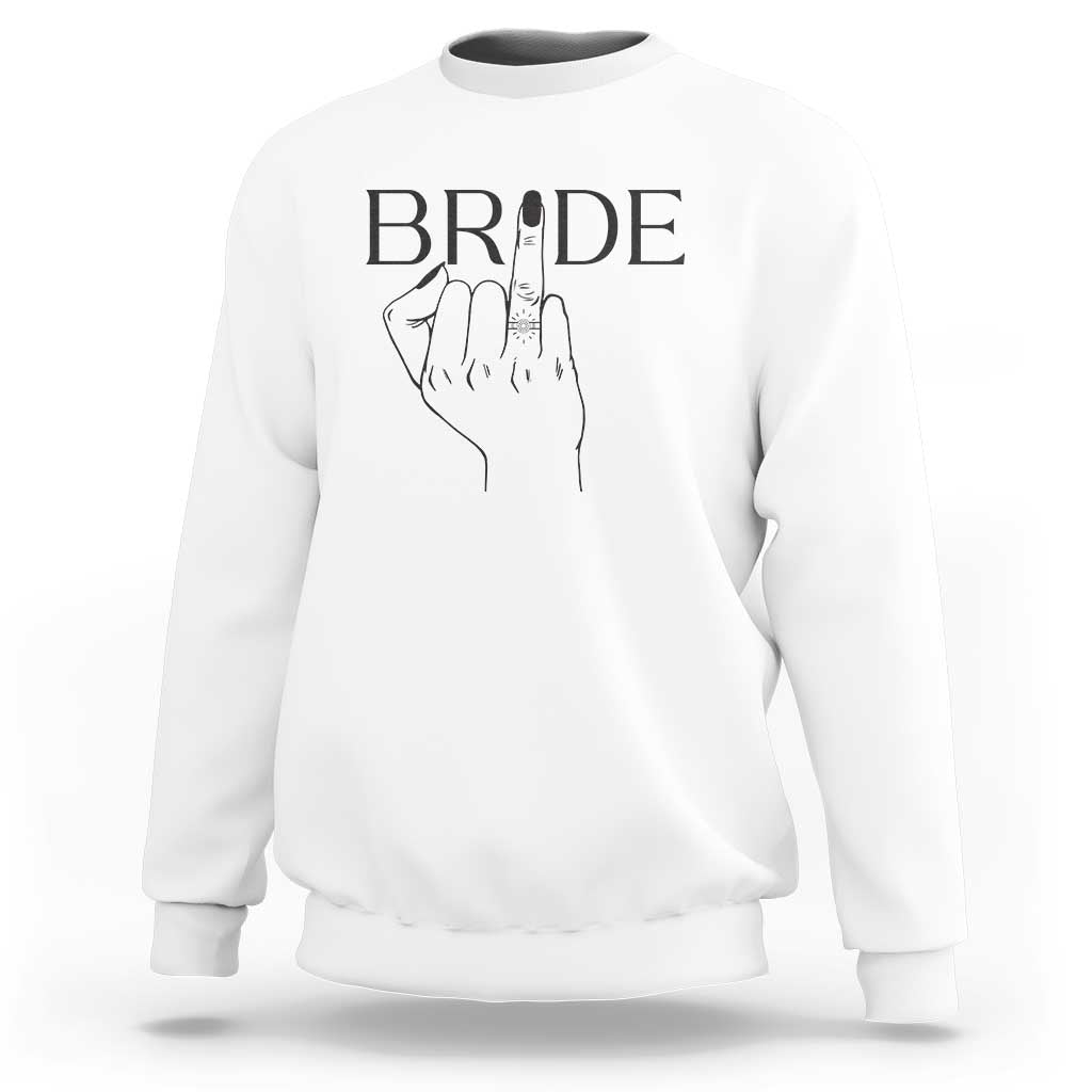 White bride sweatshirt with “BRIDE” print and hand ring graphic on chest
