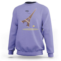 Violet? (purple) Eiffel Tower graphic sweatshirt with “I FELL” text and banana peel design