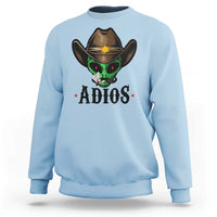 Light blue crewneck sweatshirt with alien cowboy hat graphic and ADIOS print