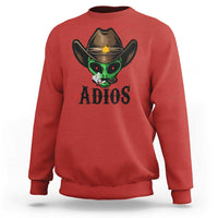 Red crewneck sweatshirt with alien cowboy hat graphic and ADIOS print