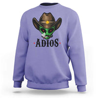 Violet crewneck sweatshirt with alien cowboy hat graphic and ADIOS print