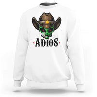 White crewneck sweatshirt with alien cowboy hat graphic and ADIOS print