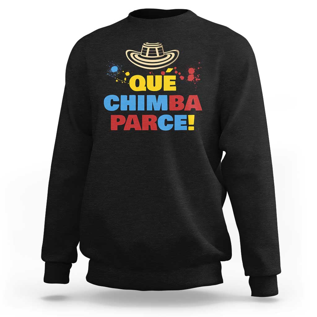 Black crewneck sweatshirt with sombrero graphic and Que Chimba Parce print