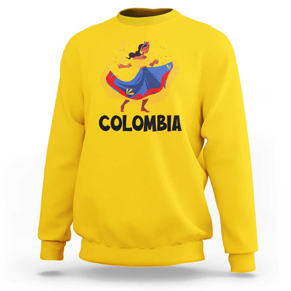 Yellow Colombia cumbia sweatshirt with dancer graphic and “COLOMBIA” text