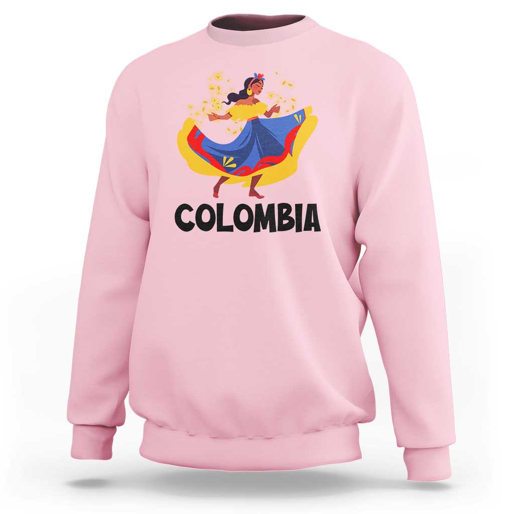 Light pink Colombia cumbia sweatshirt with dancer graphic and “COLOMBIA” text
