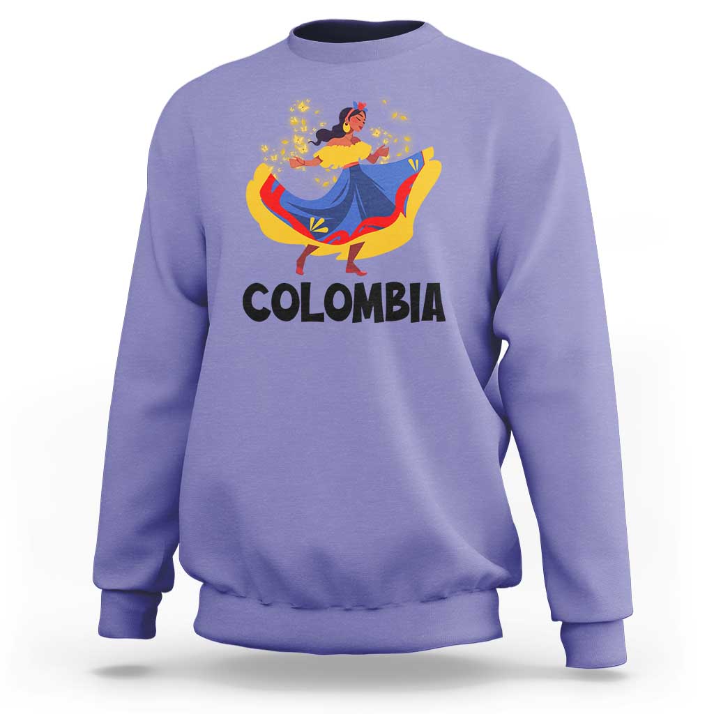 Purple Colombia cumbia sweatshirt with dancer graphic and “COLOMBIA” text