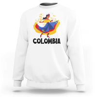 White Colombia cumbia sweatshirt with dancer graphic and “COLOMBIA” text