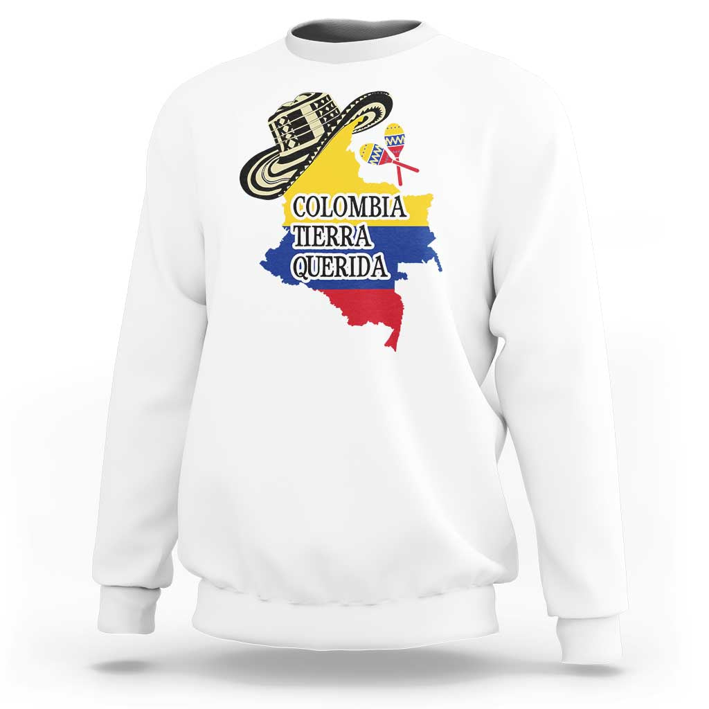 White crewneck sweatshirt with Colombia Tierra Querida map and sombrero graphic