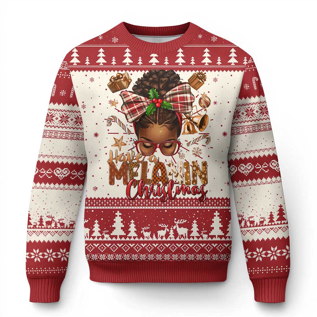 Red and white Christmas sweater with reindeer face graphic and festive tree pattern