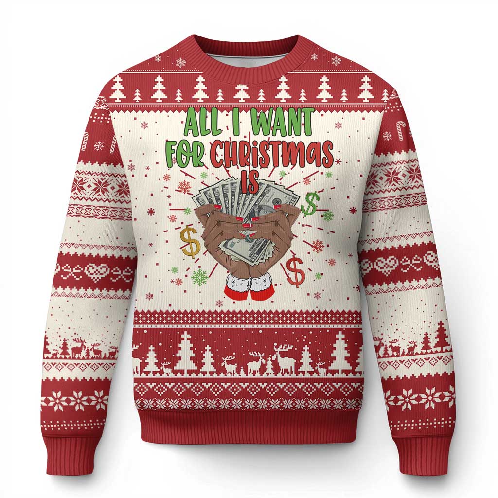 Christmas sweater in red and cream with tree fair-isle pattern and “All I want for Christmas is money” graphic