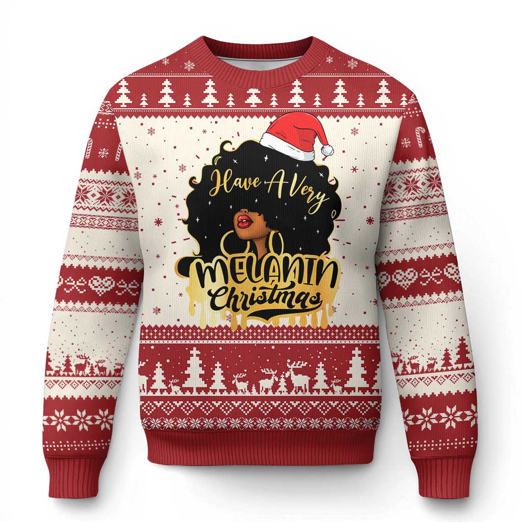 Kids' ugly Christmas sweater, red knit with trees and 'Melanin Christmas' graphic