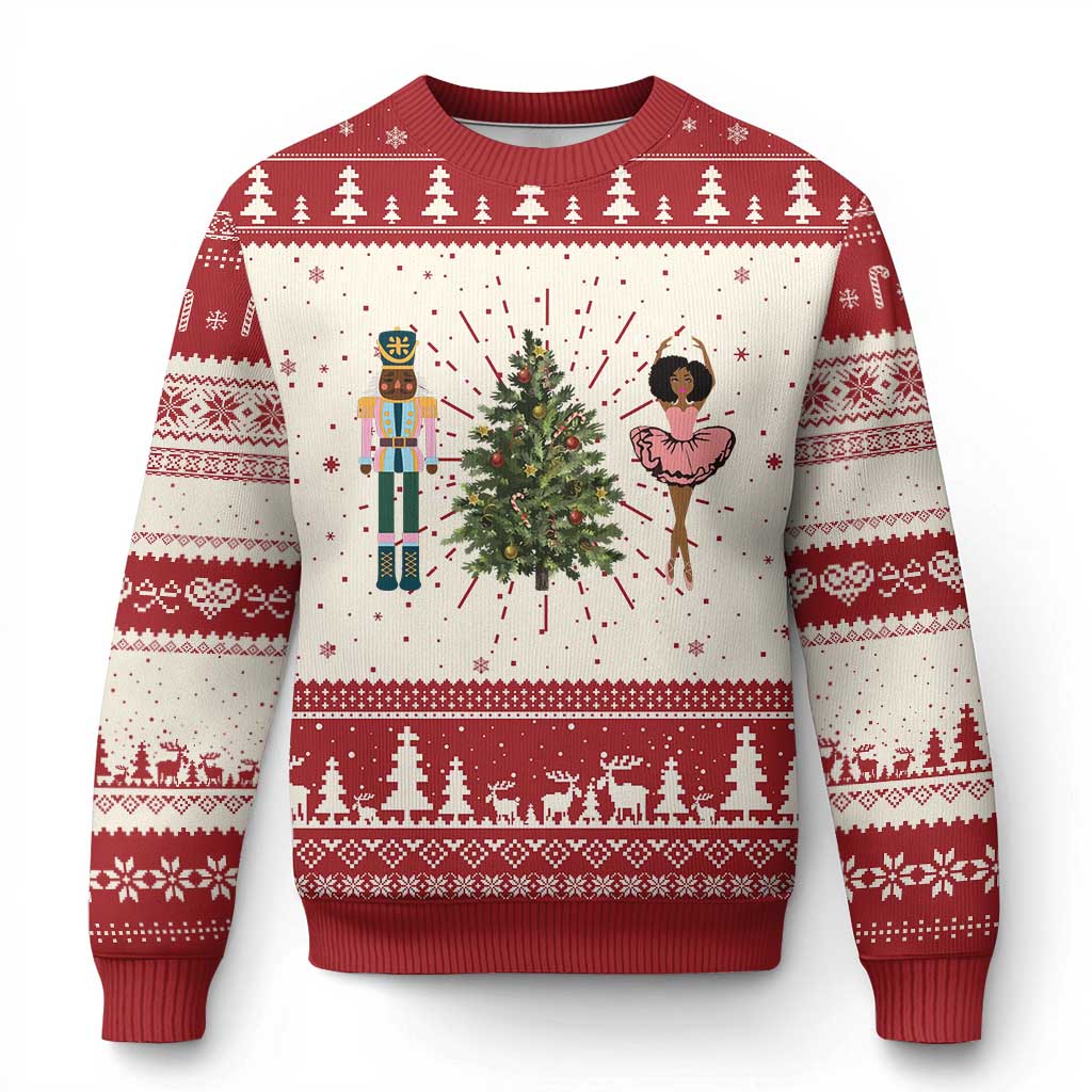 Christmas crewneck knit sweater in red and cream with nutcracker and ballerina graphic
