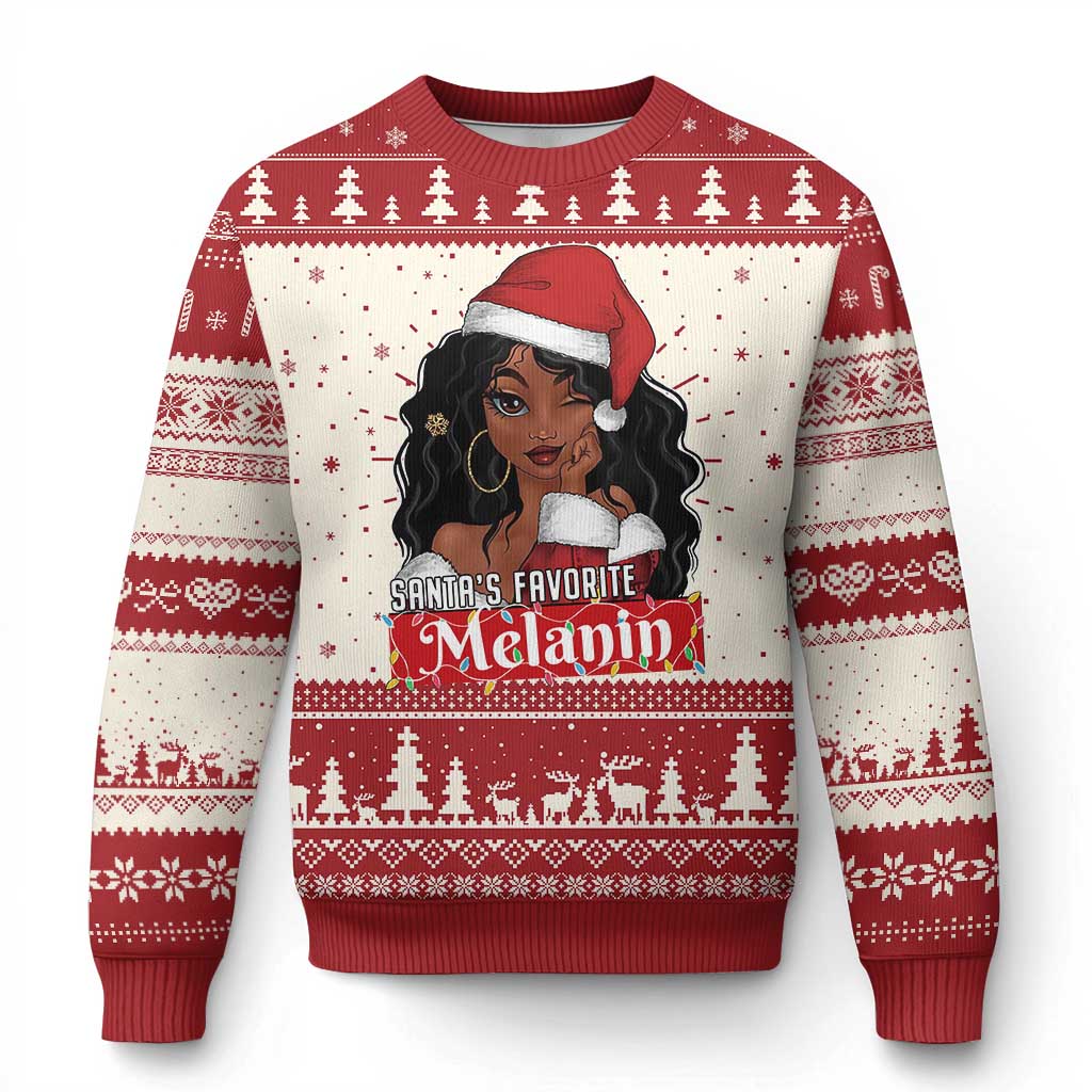 Red and cream ugly Christmas sweater with Santa’s Favorite Melanin graphic and knit cuffs