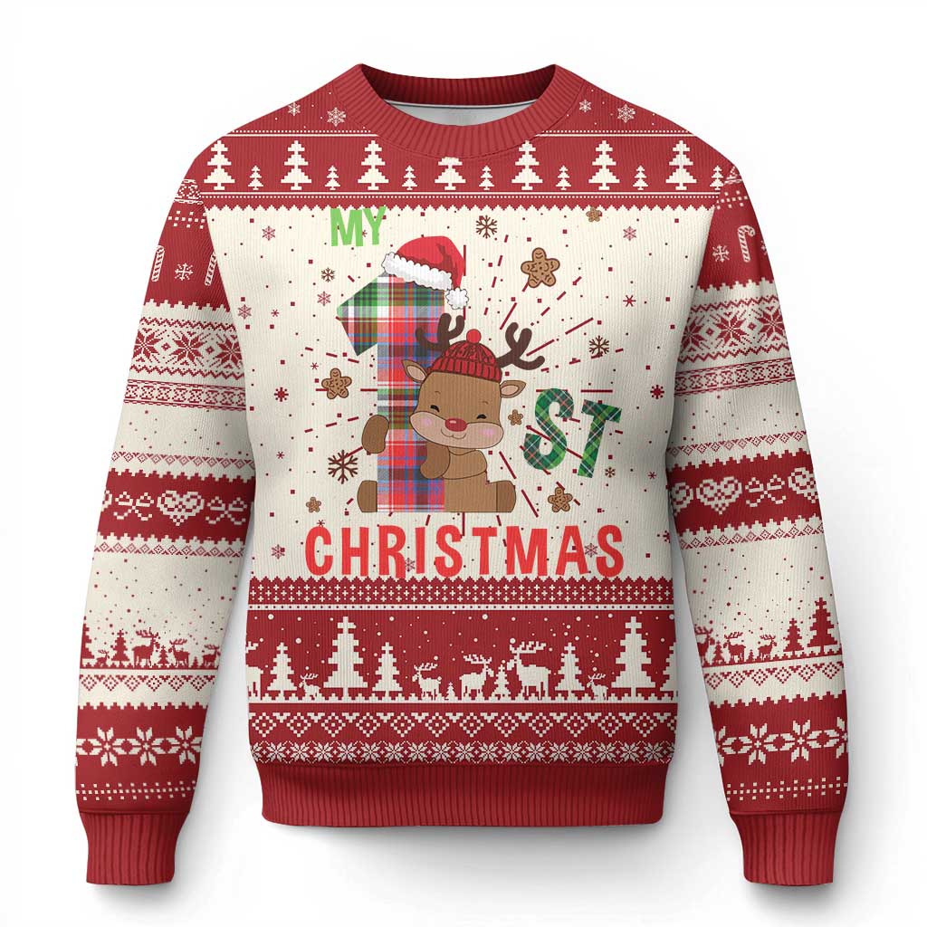 Red ugly Christmas sweater with reindeer graphic, trees, and 'CHRISTMAS' lettering