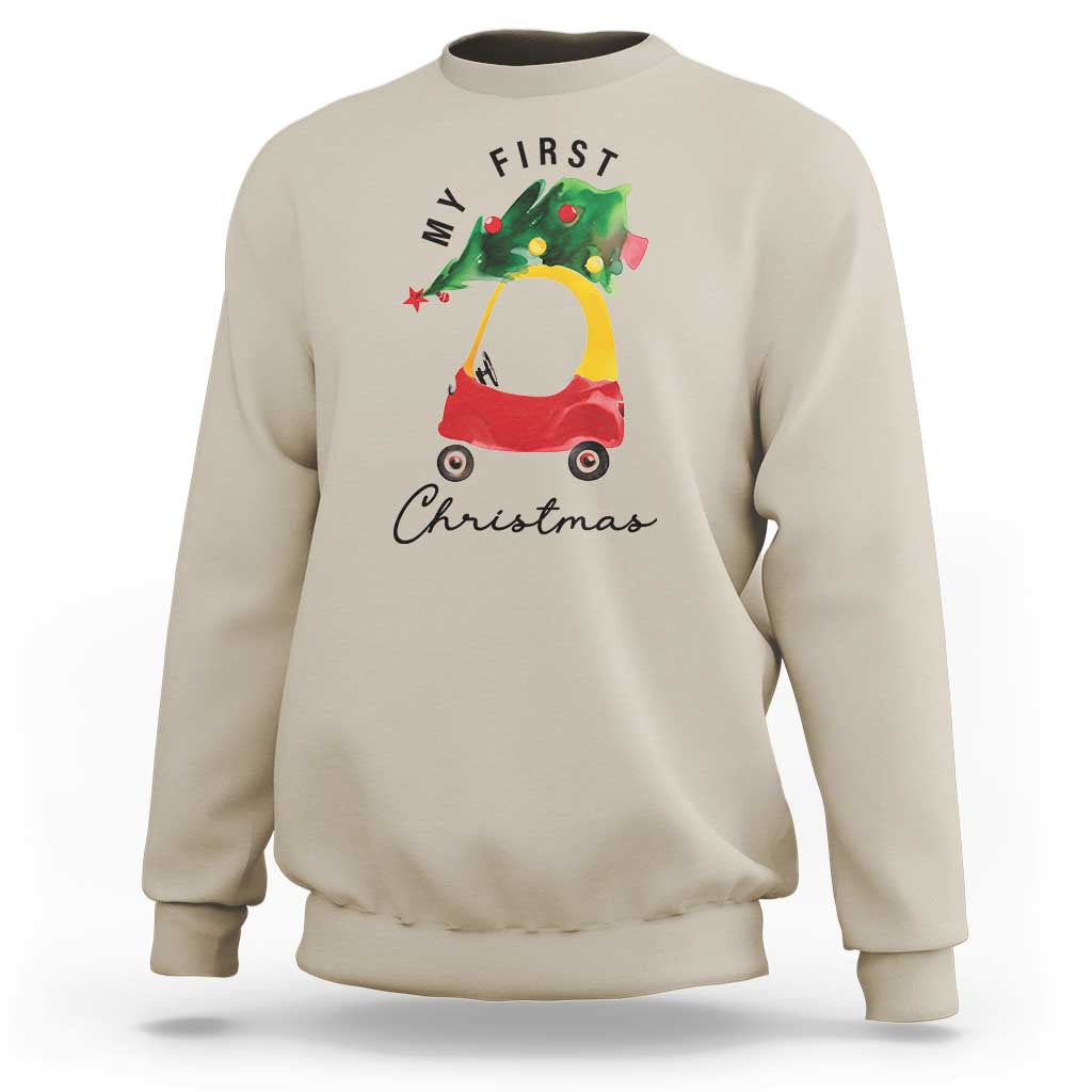 Sand Christmas sweatshirt with toy car and Christmas tree graphic, crew neck.