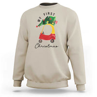 Sand Christmas sweatshirt with toy car and Christmas tree graphic, crew neck.