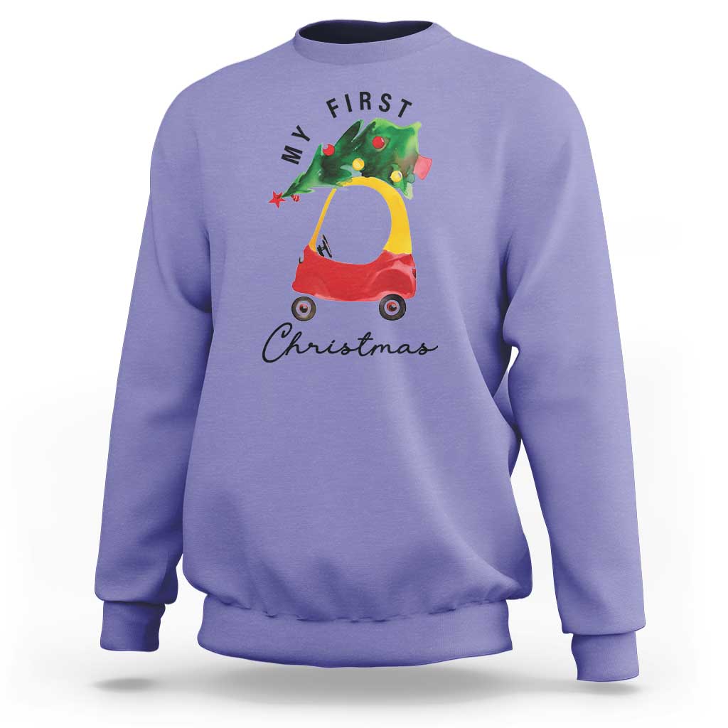 Violet Christmas sweatshirt with toy car and Christmas tree graphic, crew neck.