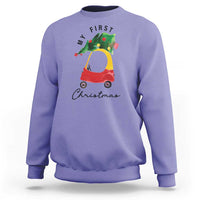 Violet Christmas sweatshirt with toy car and Christmas tree graphic, crew neck.