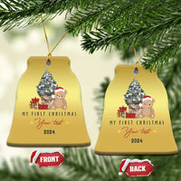 Gold bell Christmas ornament with teddy and tree, “My First Christmas” and 2024