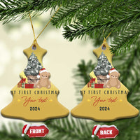 Gold heart Christmas ornament with teddy and tree, “My First Christmas” and 2024