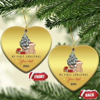 Gold heart Christmas ornament set with teddy and tree, “My First Christmas” and 2024