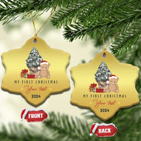 Gold star Christmas ornament with teddy, tree, “My First Christmas” and 2024