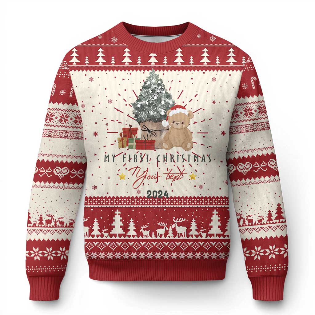 Red and cream ugly Christmas sweater with teddy, Christmas tree, and festive lettering